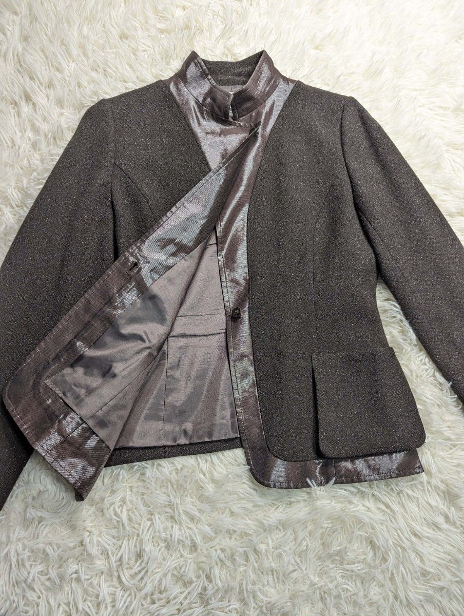 HIROKO BIS スーツ スカート セットアップ 光沢 ロングスカート ジャケット ノーカラージャケット スタンドカラー