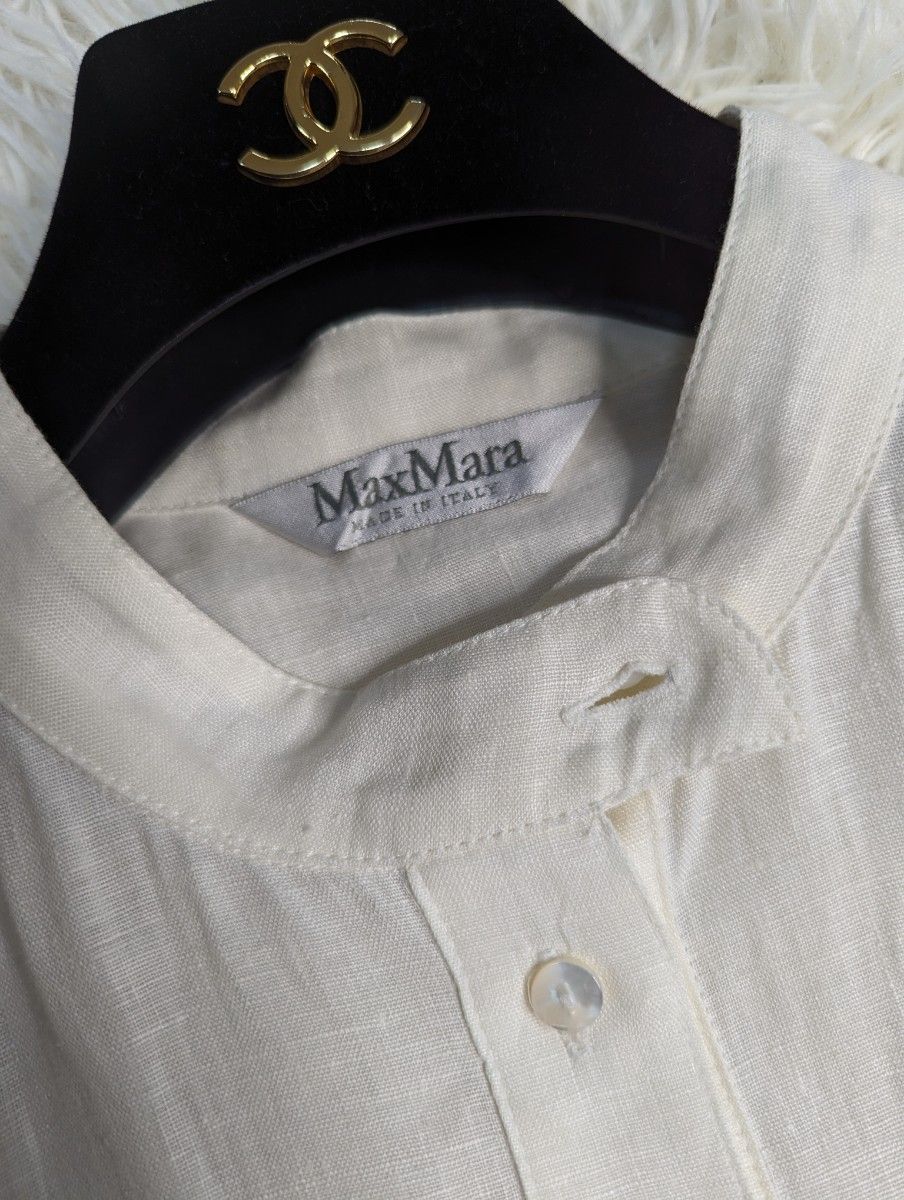 MaxMara マックスマーラ リネン シャツ ホワイト ノーカラー MaxMara マックスマーラ リネン シャツ ホワイト ノーカラー