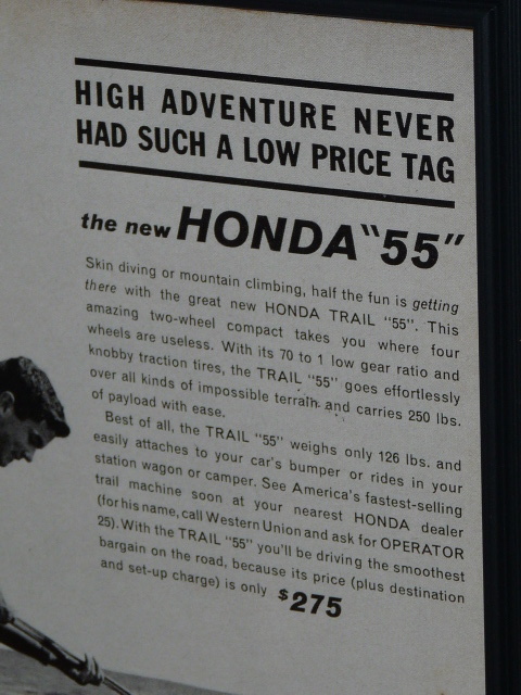 1963年 USA 洋書雑誌広告 額装品 Honda Trail 55 ホンダ (A4size) / 検索用 C105 CA105 C100 カブ 店舗 ガレージ ディスプレイ 看板 装飾_画像4