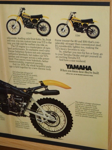 1978年 USA 70s 洋書雑誌広告 額装品 Yamaha YZ400 ヤマハ (A3size)/検索用 YZ250 YZ125 YZ100 YZ80 店舗 看板 ガレージ ディスプレイ 装飾_画像3