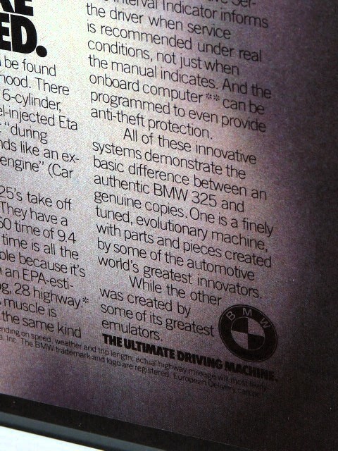 1985 год USA 80s иностранная книга журнал реклама рамка товар BMW 325s (A4size) / для поиска 325 магазин гараж табличка дисплей оборудование орнамент AD автограф 