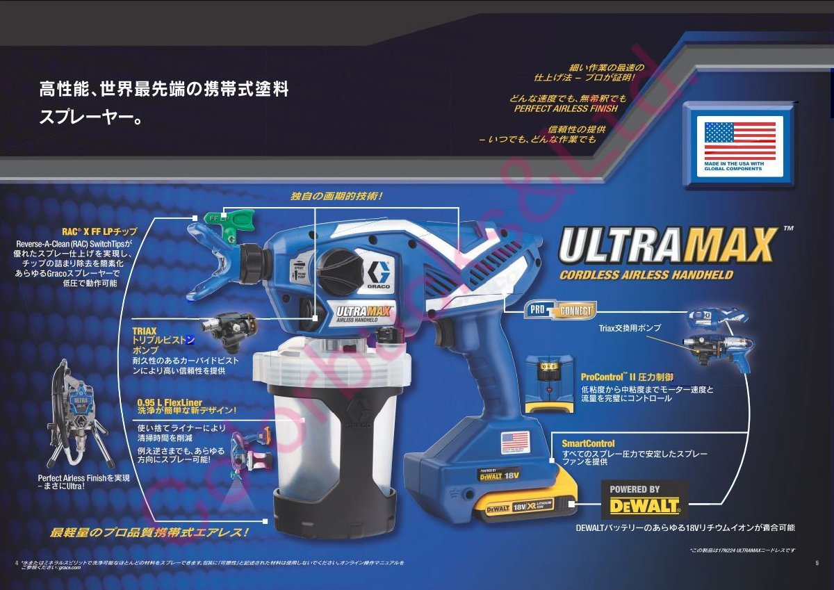 【Graco】【ULTRA MAX】グラコ ウルトラマックス 溶剤系・水性系塗料兼用バッテリー式　コードレスエアレススプレーガン ラッカーOK_画像2