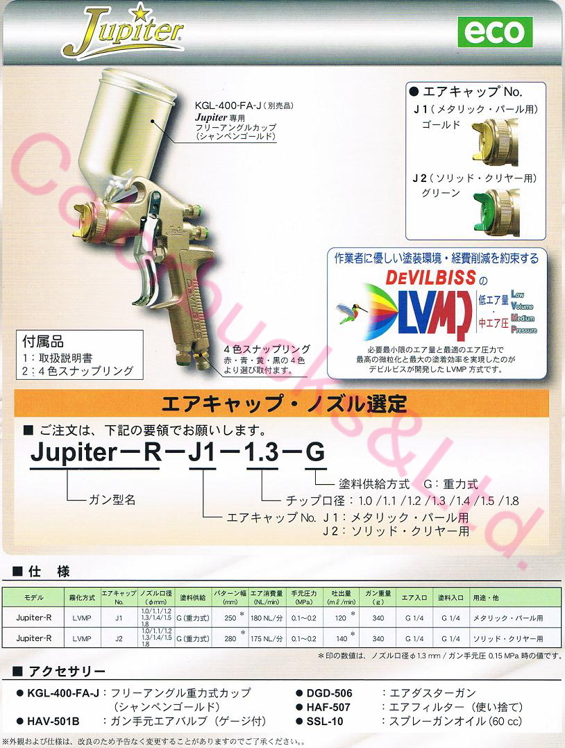 【在庫あり】【Jupiter-R-J1-1.3-G】ジュピターR【Devilbiss デビルビス】Φ1.3mm口径重力式 メタリック/パール用【カップ別売】の画像6