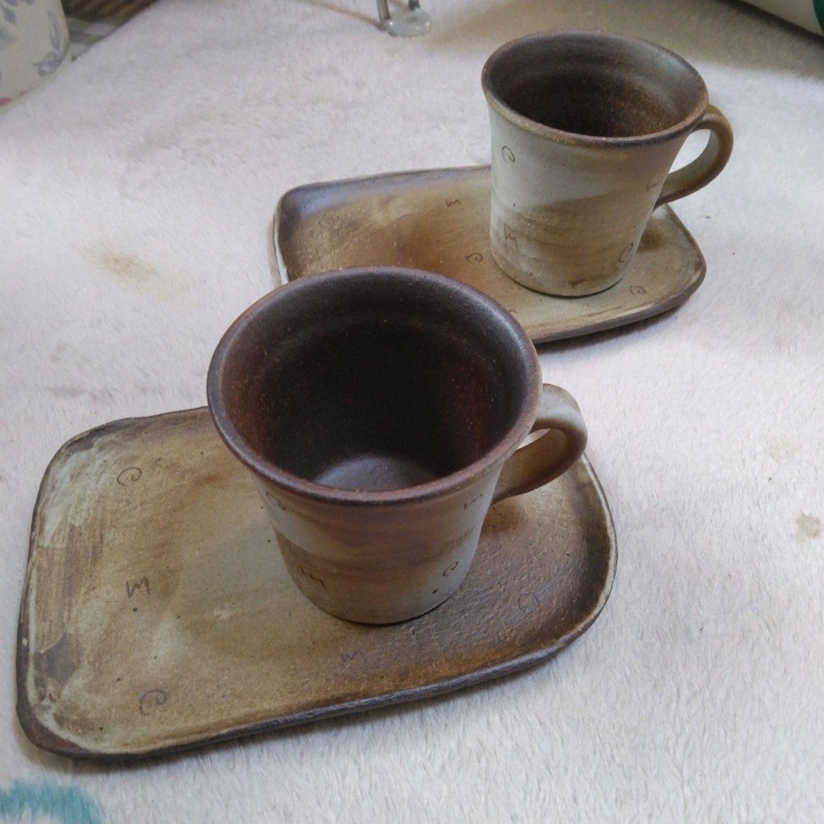 炎の味がま　信楽焼　 カップ アンドソーサー　コーヒーカップ　2セット　新品未使用品　陶器