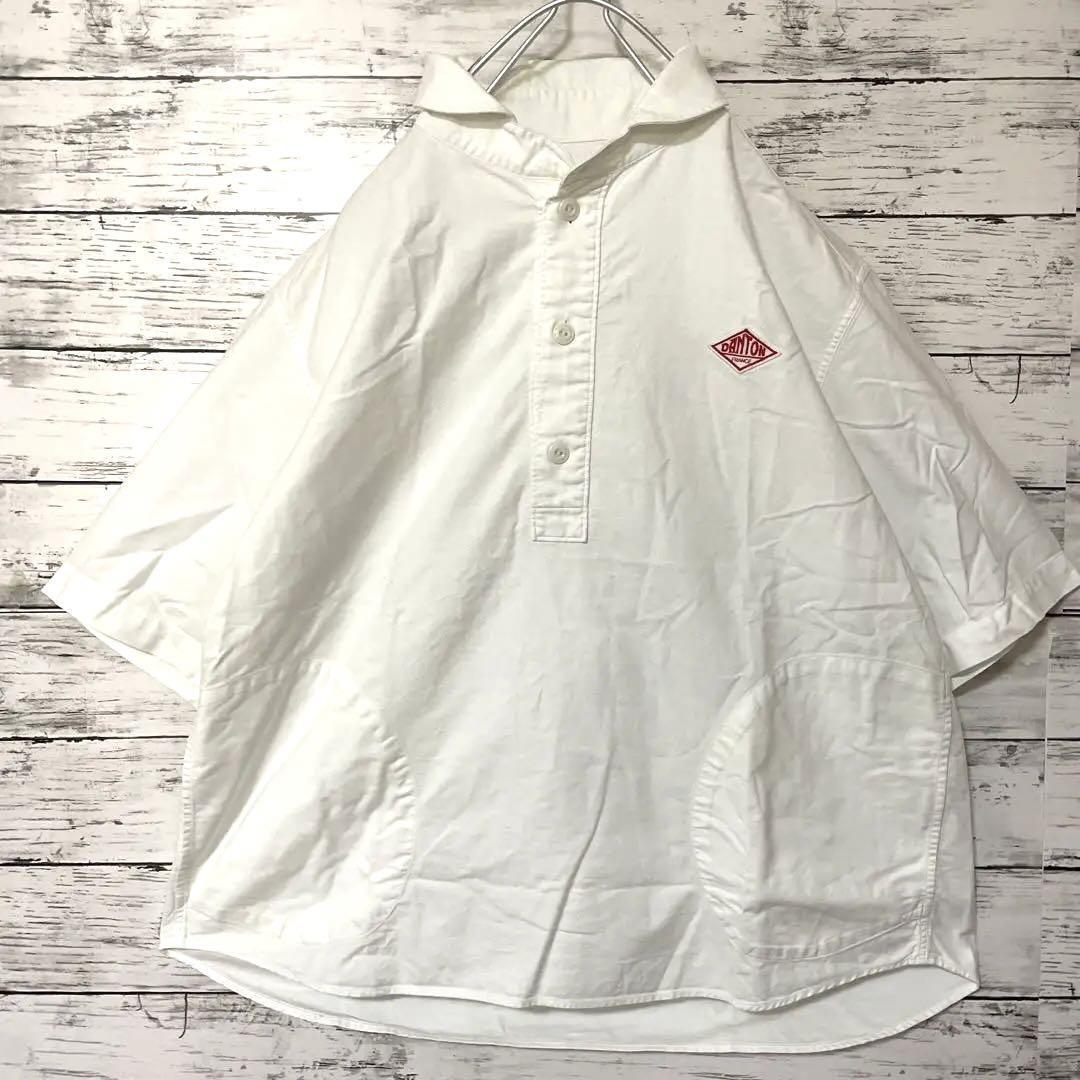 DANTON プルオーバー半袖シャツ プルオーバーシャツ 丸襟 ロゴ 白の画像2