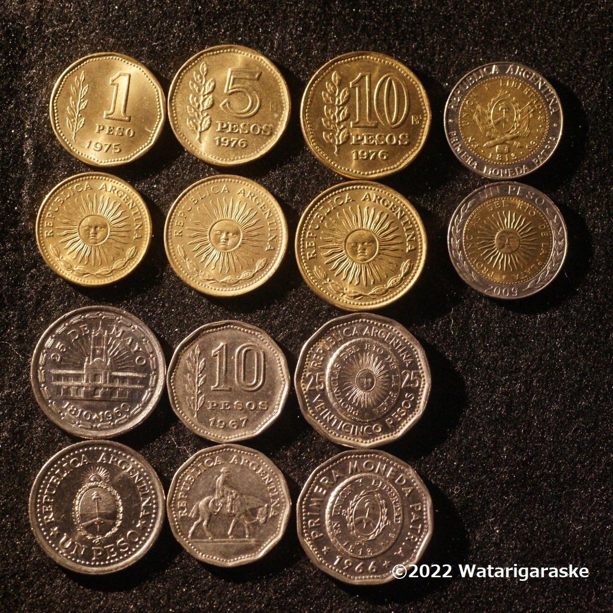 ★1960-2016年 7種7枚★アルゼンチン新旧「5月の太陽」硬貨コレクション★の画像3