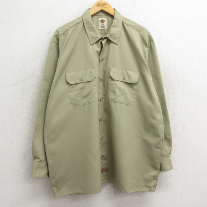 XL/古着 ディッキーズ Dickies 長袖 ワーク シャツ メンズ 大きいサイズ ロング丈 ベージュ カーキ spe 24feb15 中古 トップス_画像1