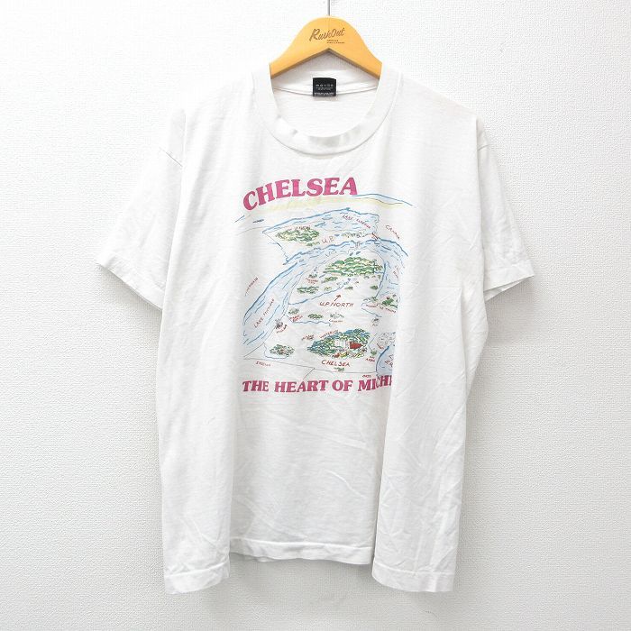 L/古着 スクリーンスターズ 半袖 ビンテージ Tシャツ メンズ 80s チェルシー 地図 ミシガン 大きいサイズ クルーネック 白 ホワイト 24feb1_画像1