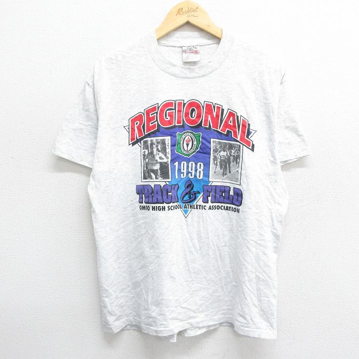 L/古着 オニータ ONEITA 半袖 ビンテージ Tシャツ メンズ 90s REGIONAL 陸上 オハイオ クルーネック 薄グレー 霜降り 24feb17 中古_画像1