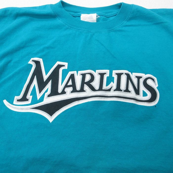 XL/古着 マジェスティック 半袖 ビンテージ Tシャツ メンズ 00s MLB マイアミマーリンズ 大きいサイズ ロング丈 クルーネック 青緑 メジャの画像2