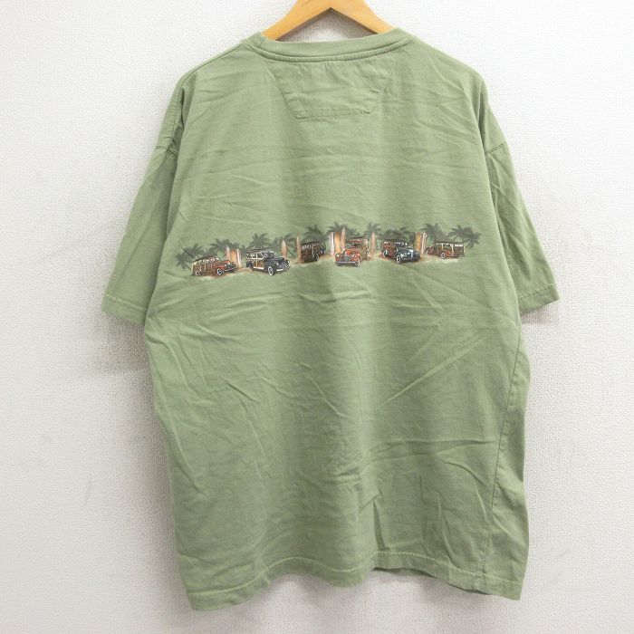 XL/古着 半袖 Tシャツ メンズ 車 サーフボード 大きいサイズ コットン クルーネック 濃緑 グリーン 24feb26 中古_画像2