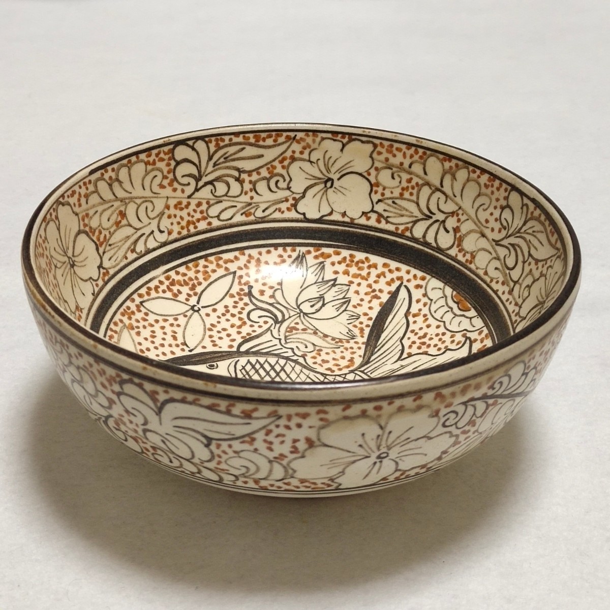 堅実な究極の 中国古磁 舶来品 磁州窯 美品 茶道具 茶碗 蓮魚紋 手絵