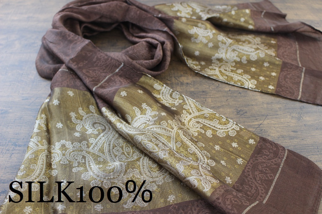 新品【シルク100% SILK】ペイズリー柄 ブラウン 茶色 BROWN ゴールド GOLD 金 スカーフ/ストール_画像1