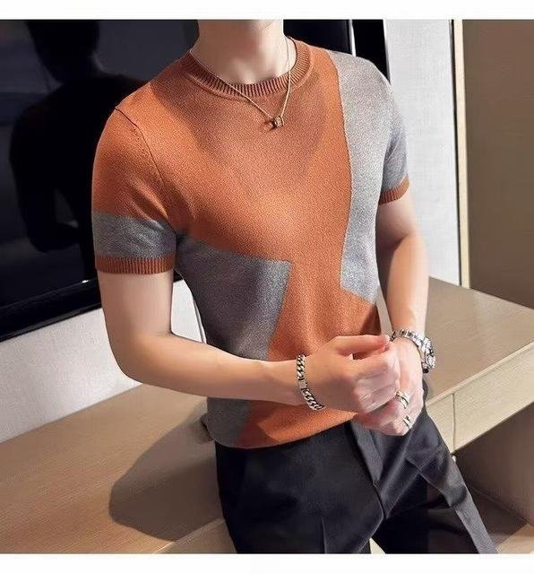 サマーニット カットソー カジュアル メンズ サマーセーター ニットTシャツ 半袖ニット オレンジ Lサイズ mzm157_画像3