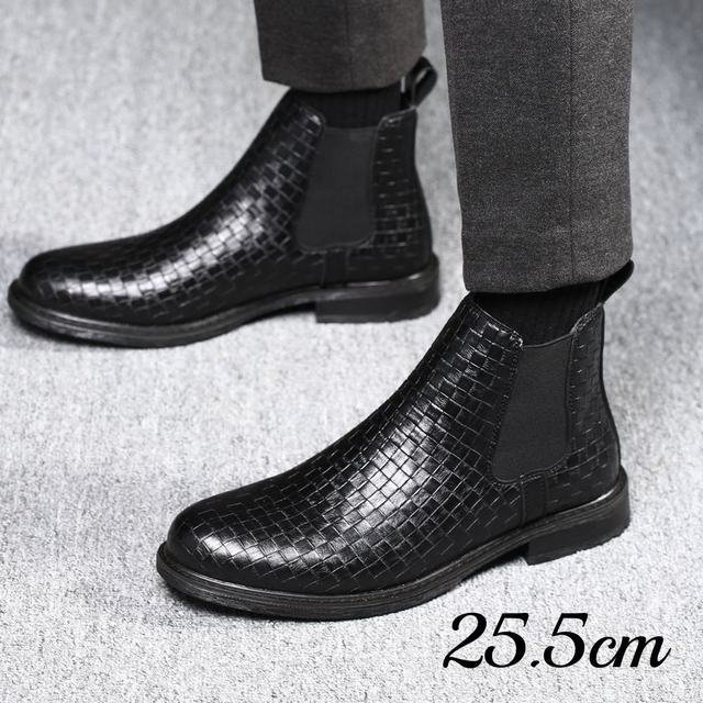ブーツ　サイドゴアブーツ　PU革　メンズ　ビジネスシューズ　靴　編み柄　フォーマル　革靴　紳士靴 ハイカット　 ブラック　25.5cm LB176_画像1