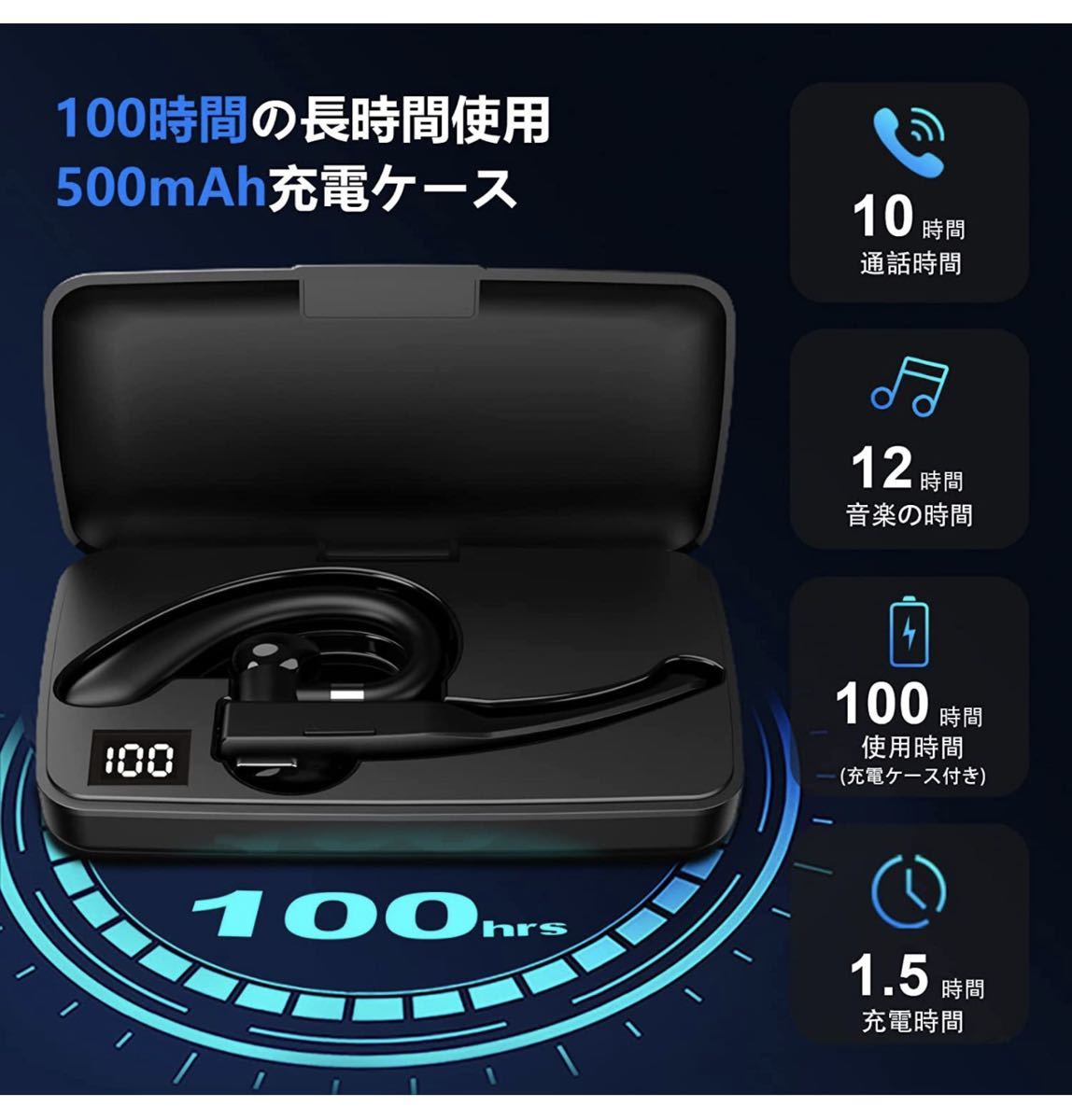 Bluetoothヘッドセット V5.1 片耳イヤホン 耳掛け型 100時間連続使用 500mAh充電ケース付 LEDバッテリー残量ディスプレイ ハンズフリー_画像3