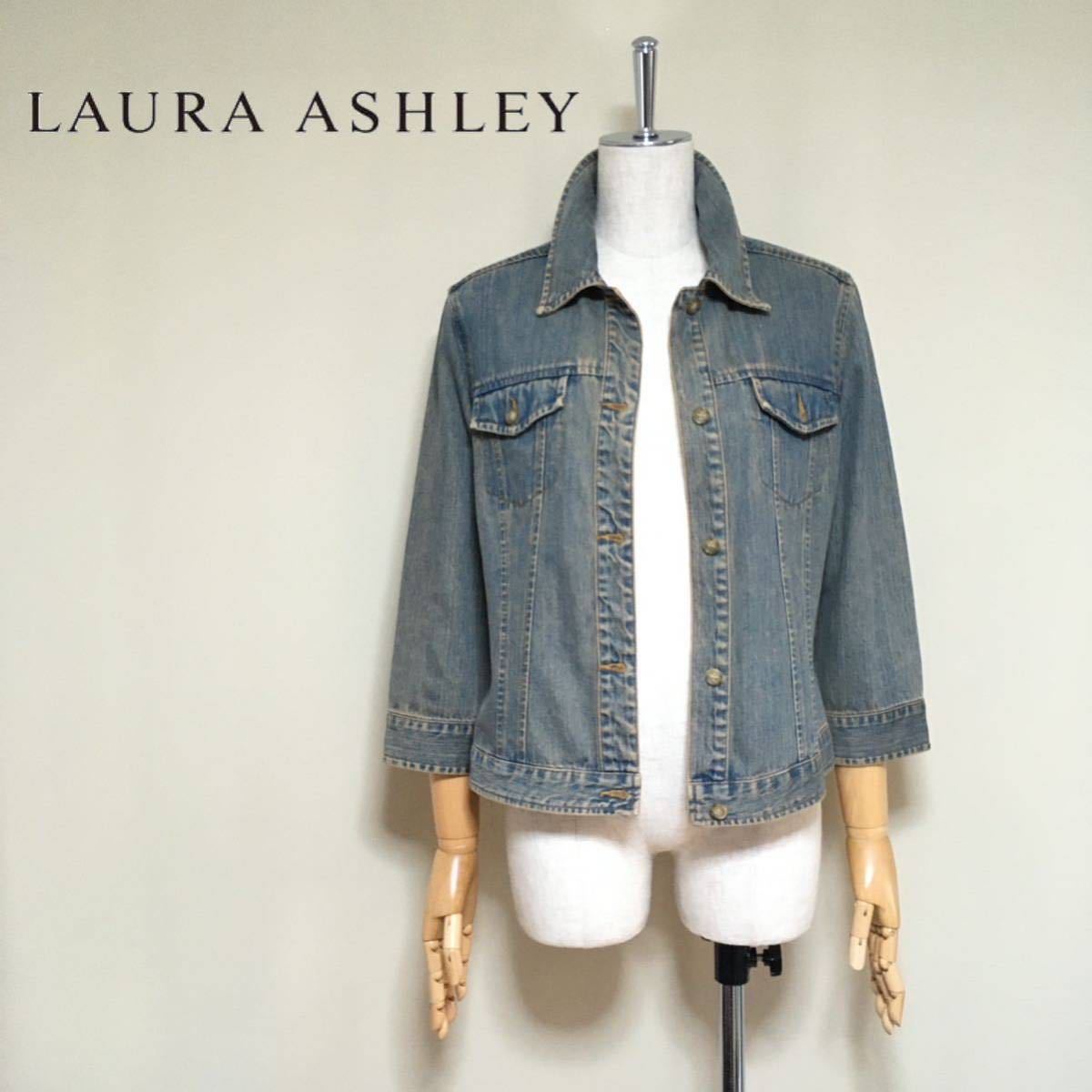 【Laura Ashley】ローラアシュレイ 洗える コットン デニムジャケット Gジャン 11号/Lサイズ相当 ブルー レディース 花柄_画像1