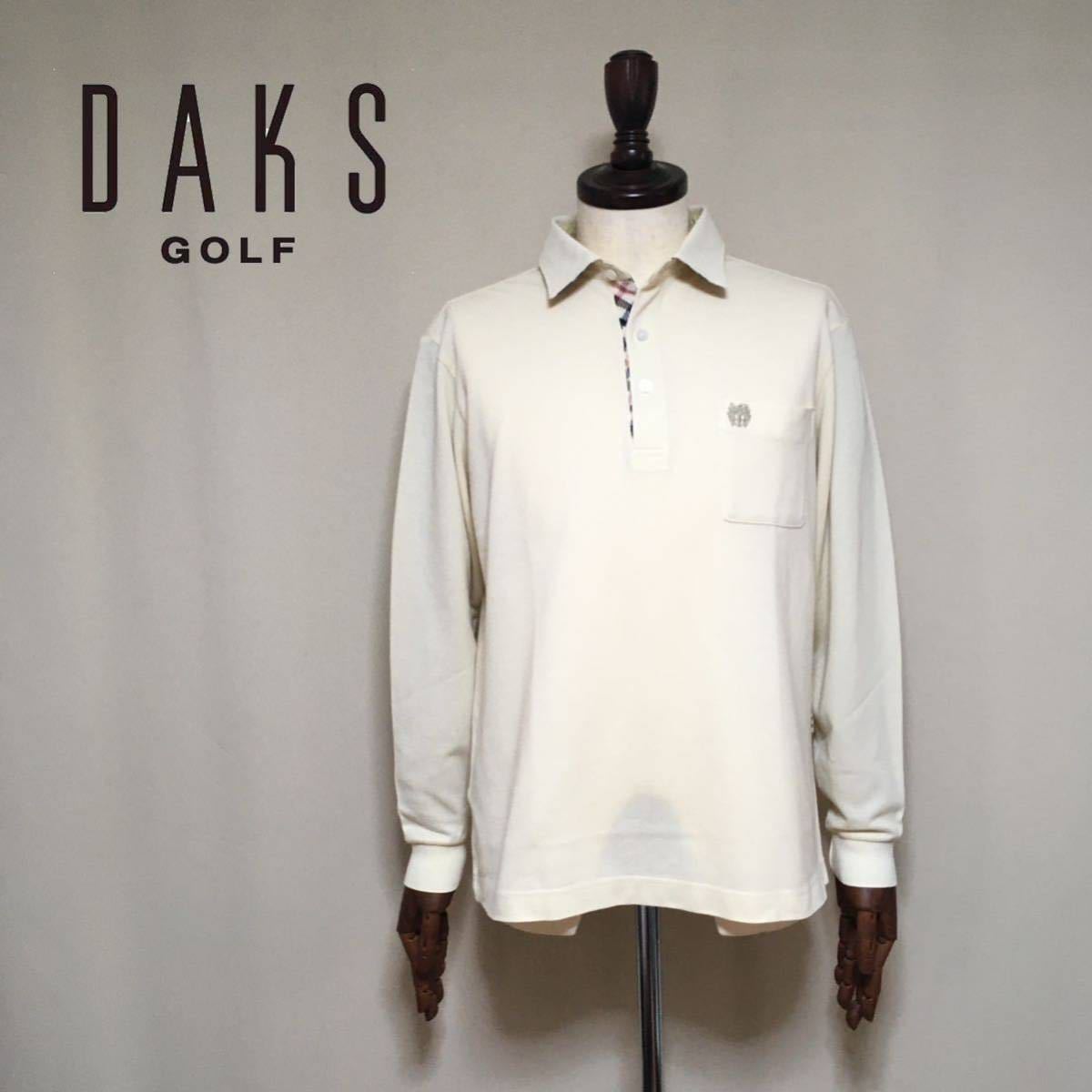 【DAKS GOLF】ダックスゴルフ ハウスチェック 鹿の子 長袖ポロシャツ Lサイズ アイボリー メンズ ゴルフウェア 日本製 オンワード_画像1