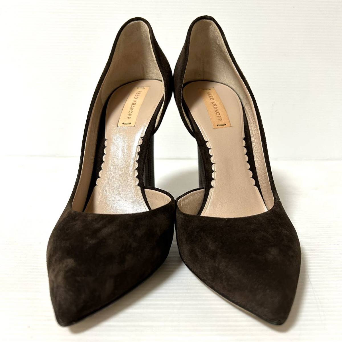 [ new old goods /BOX* storage bag attaching ]REED KRAKOFF Lead k sea otter f heel pumps suede heel 9.7cm 36 23cm Brown *64