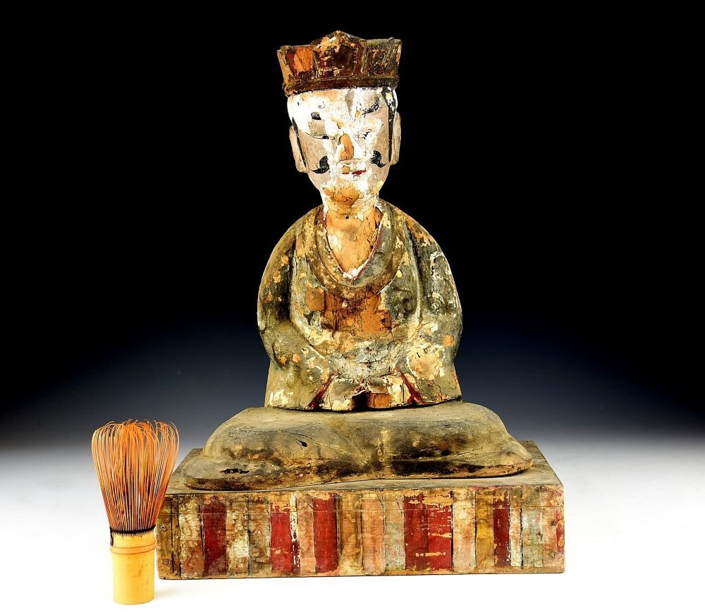 【蔵c7284】朝鮮古美術　木彫彩色　男神像　李朝期