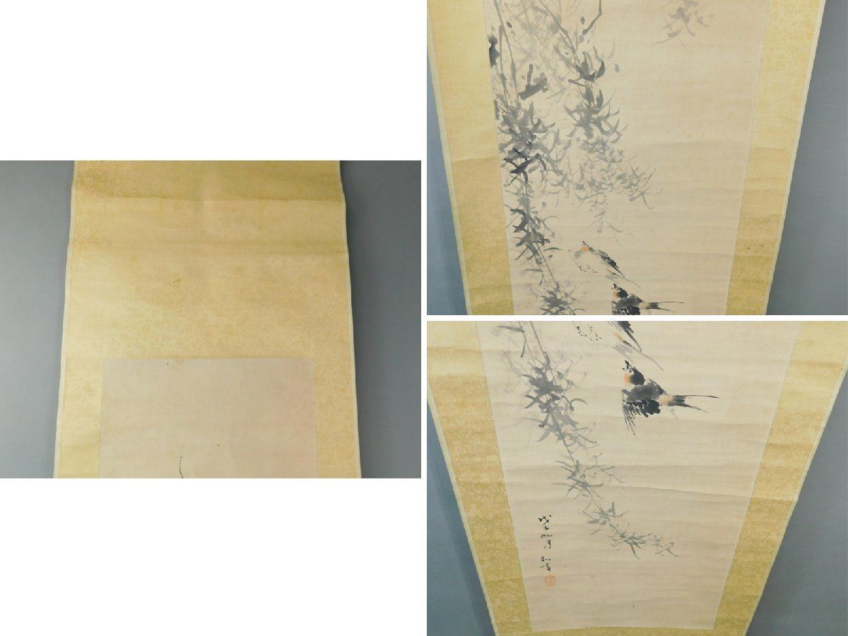 瀧和亭 柳に燕図 日本画 紙本 軸装 掛軸 専用木箱 OK4949_画像8