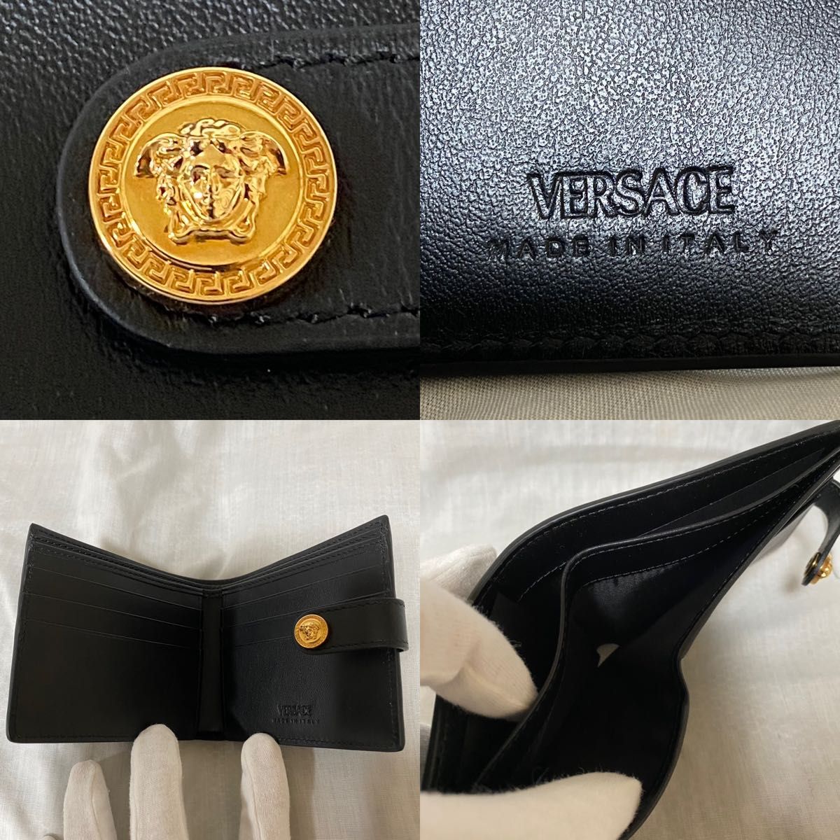 新品 本物 正規品 VERSACE メンズ レザー 二つ折り 財布 黒 ゴールド