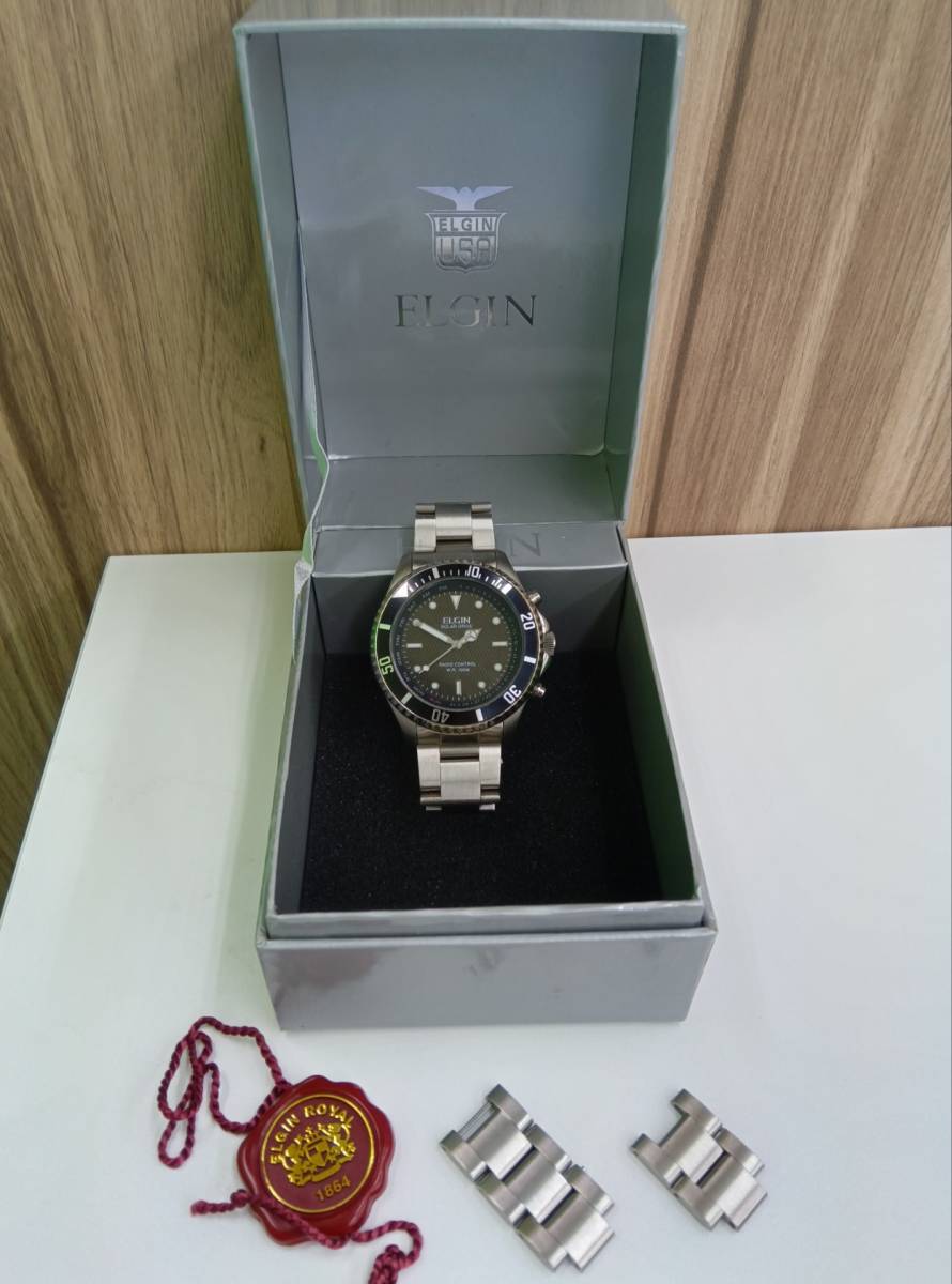 美品　ELGIN　エルジン FK-1253S-APM 電波 ソーラー アナログ 腕時計 メンズ　◆4087_画像1
