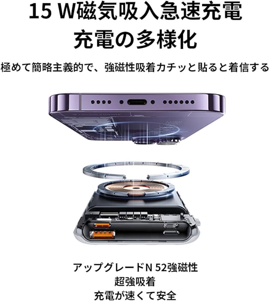 YAYAMIYA 【MagSafe対応・3ケーブル内蔵・5台同時充電モバイルバッテリー 大容量 急速充電 10000mAh ケーブル内蔵 3USBポート USB充電器 の画像3