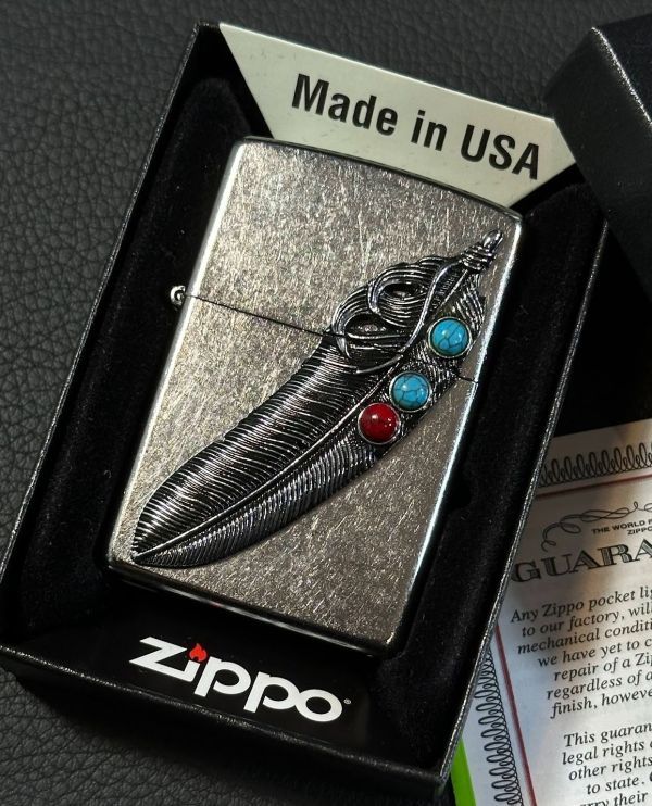 ★USA直輸入 ZIPPO フェザー 羽 ターコイズ インディアン ネイティブ アメリカン イーグル 鷹 メタル貼り ライター ジッポー 喫煙具 bv844_画像1