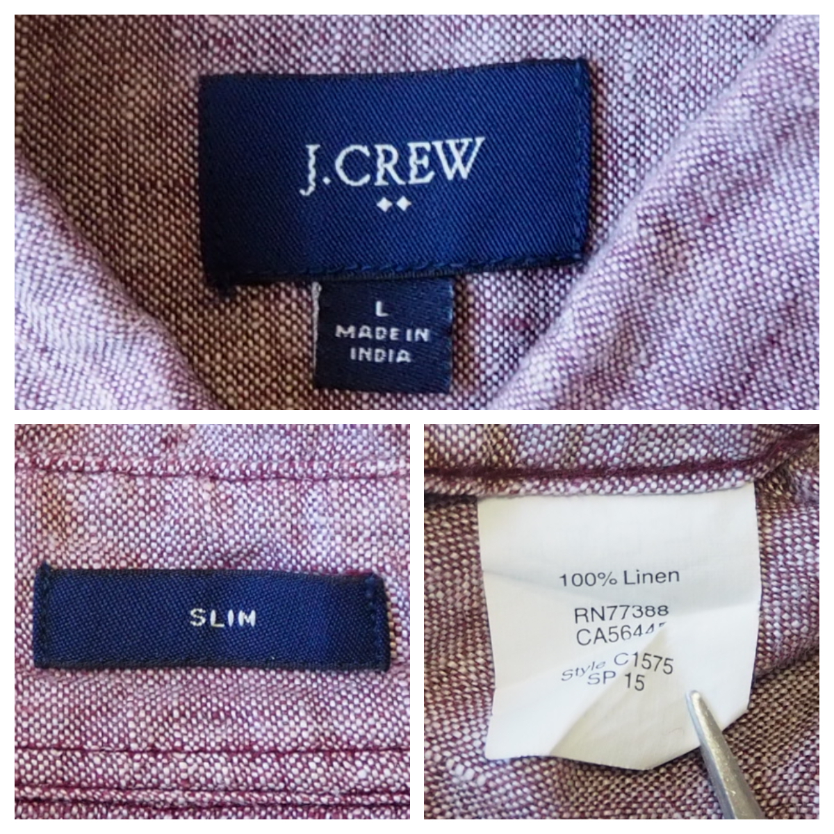 ☆送料無料☆ J.CREW ジェイクルー USA直輸入 古着 長袖 胸ポケット付き リネン スリム シャツ メンズ L ボルドー トップス 中古 即決_画像7