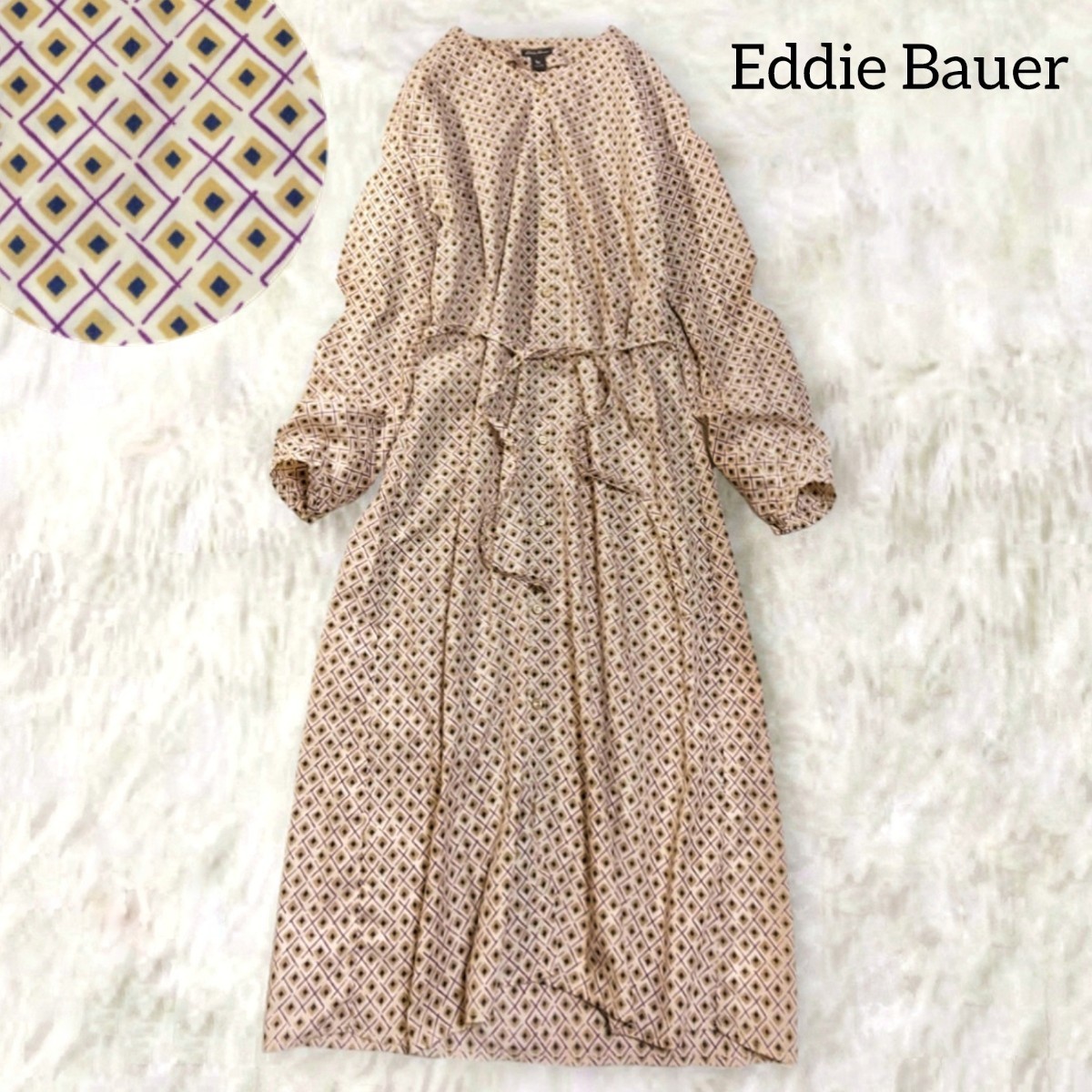 8 【Eddie Bauer】 エディーバウアー 総柄 ノーカラー シャツワンピース ロングワンピース S ベージュ スクエア柄 春夏 ベルト付き 長袖