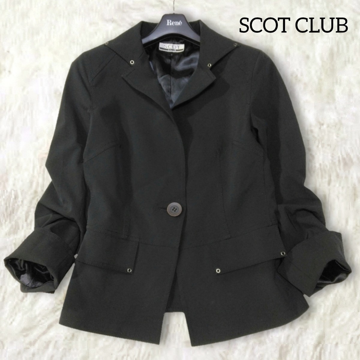 28 【SCOT CLUB】 スコットクラブ テーラードジャケット 日本製 ブラック 黒 シングル 春 秋 フォーマル スリット 長袖 レディース