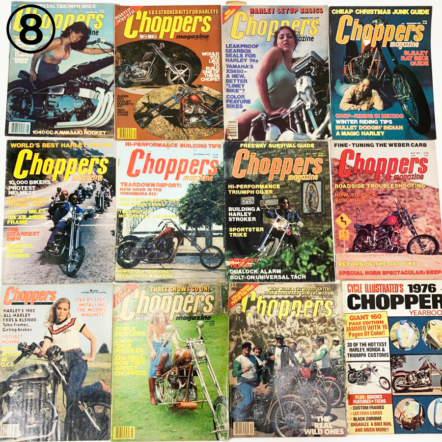 94 pcs. set 70\'s chopper magazine Chopper Vintage Harley shovel Harley Knuckle Triumph CB750 Honda garage bread bo bar 