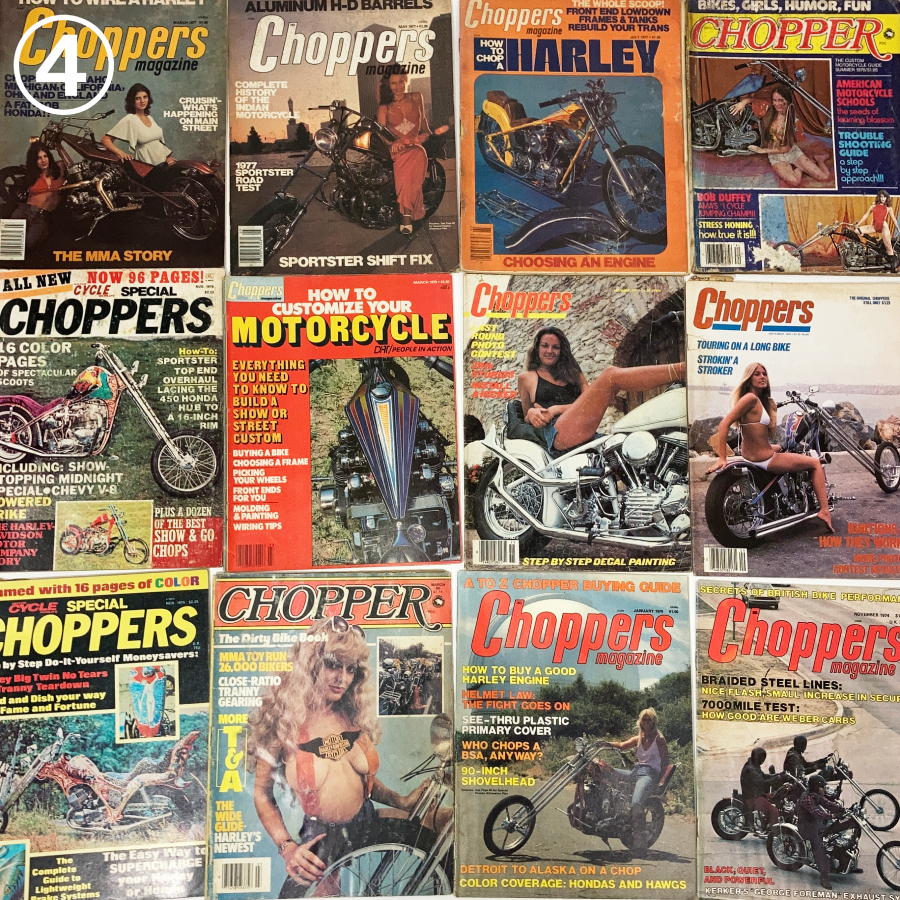 94 pcs. set 70\'s chopper magazine Chopper Vintage Harley shovel Harley Knuckle Triumph CB750 Honda garage bread bo bar 