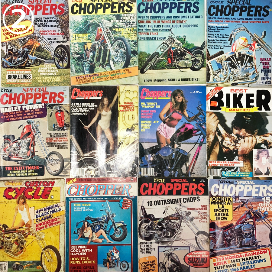 94 pcs. set 70\'s chopper magazine Chopper Vintage Harley shovel Harley Knuckle Triumph CB750 Honda garage bread bo bar 