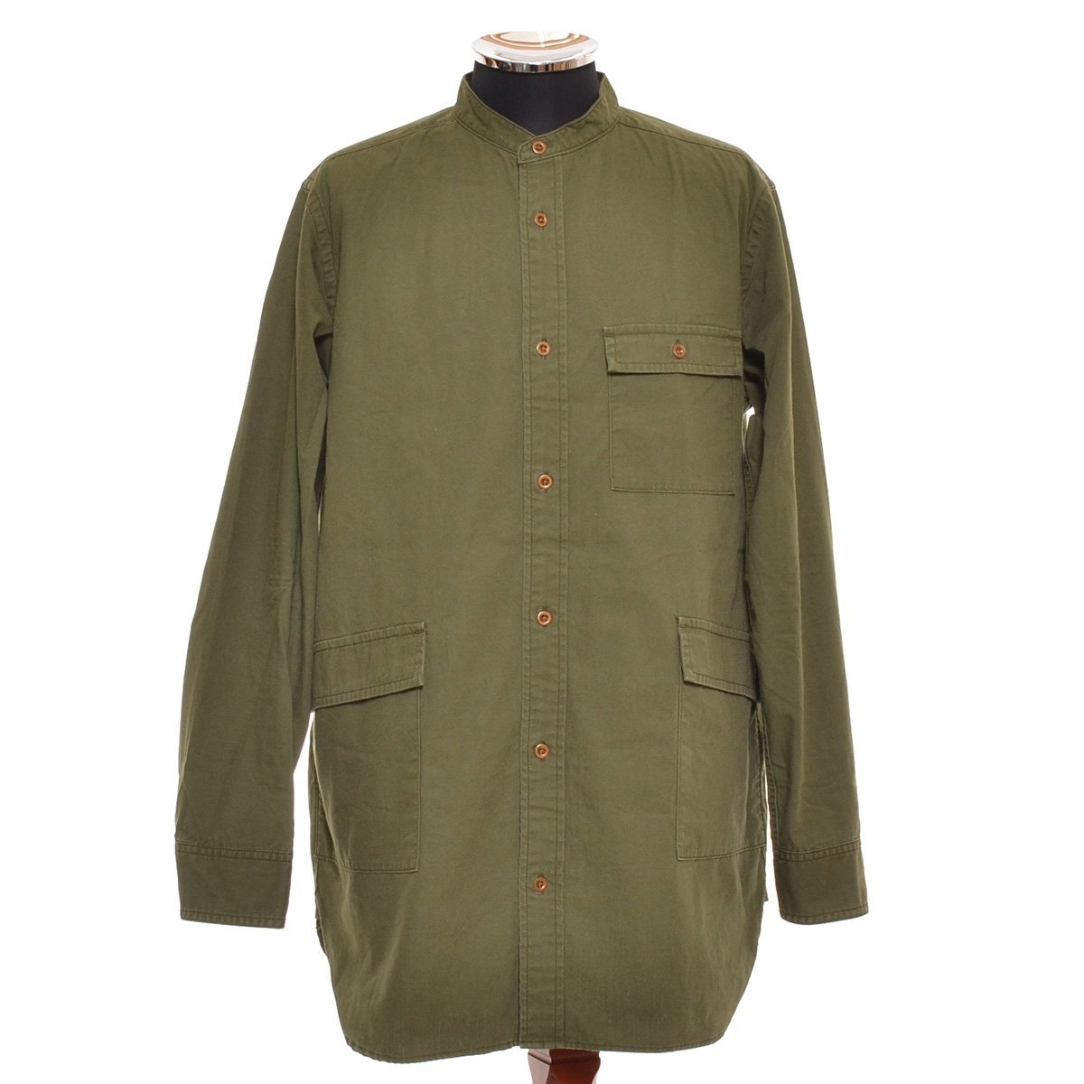 ◆501537 Nigel Cabourn ナイジェルケーボン ◆ロングシャツ バンドカラーワークシャツ 80340010020 サイズ48 メンズ 日本製 カーキ