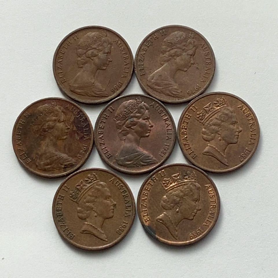 【希少品セール】オーストラリア エリザベス女王肖像デザイン 1セント硬貨 1966年 1976年 1980年〜1981年 1987年〜1989年 7枚まとめての画像1