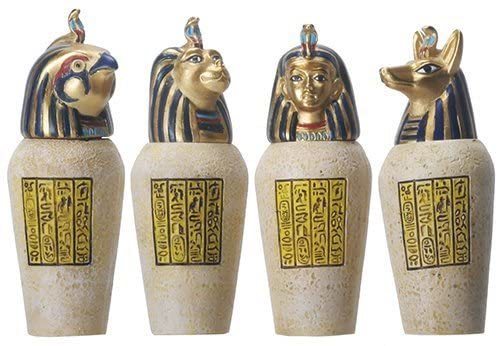古代エジプトのカノプス壺4個セット ジャッカル・ファルコム・ヒューマン・ライオン彫像 高さ 約8.3ｃｍ彫刻(輸入品