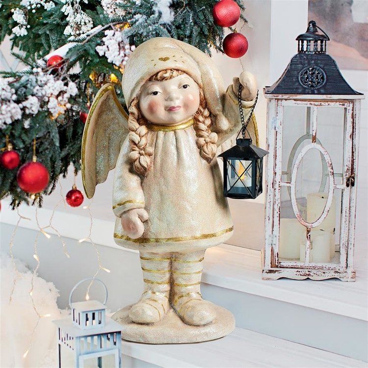 クリスマスを照らす天使の彫像ヴィンテージ風ノエルホリデーエンジェルインテリア置物金属製ランタン彫刻輸入品