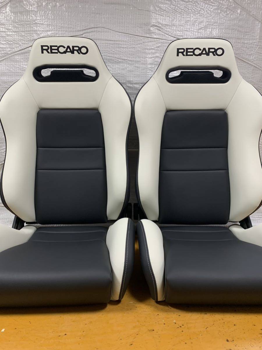 40.41.レカロ RECARO 2脚セット SR-3 黒×白フェイクレザー張り替え 張替え 張替 ホワイトシングルステッチ 片側ダイヤルの画像1