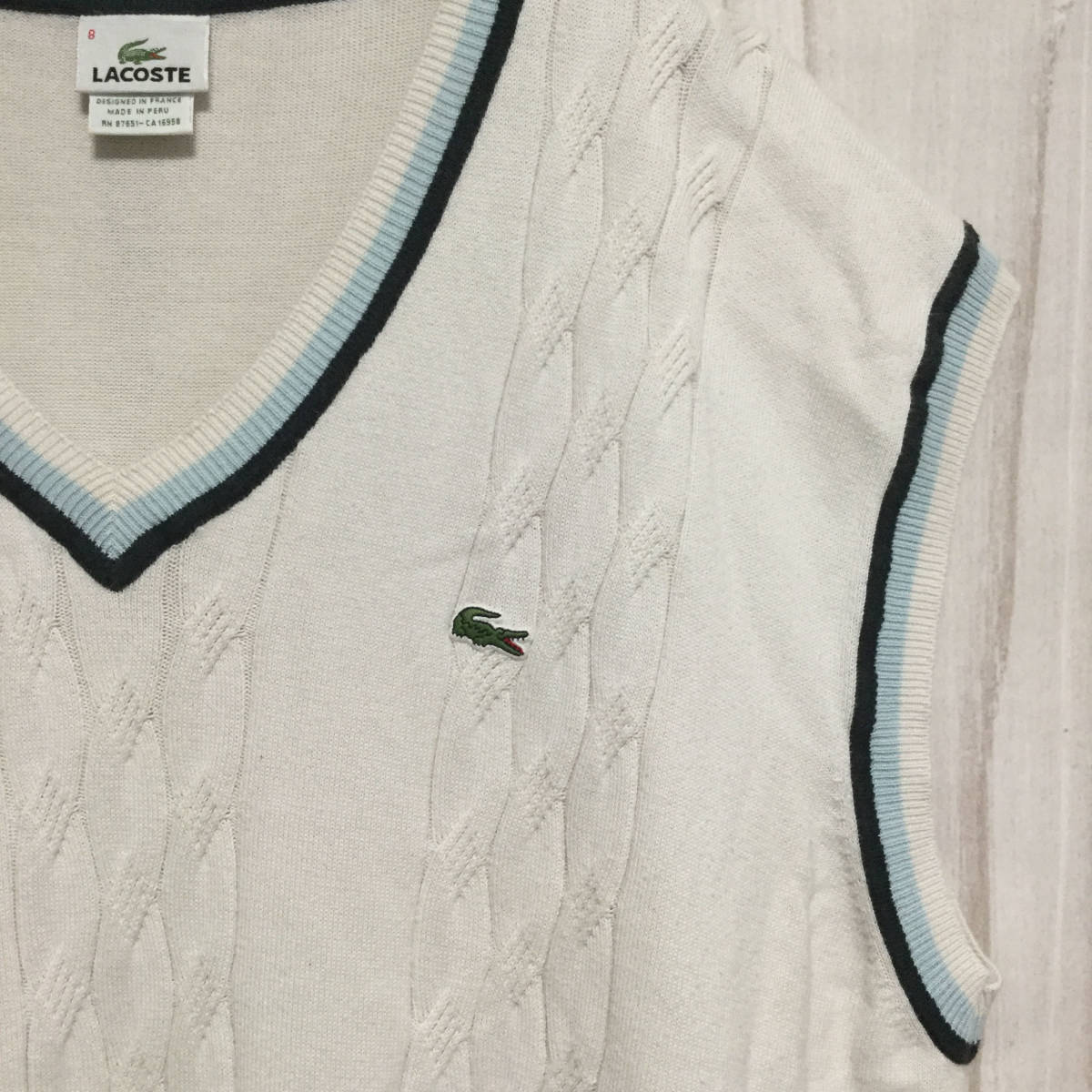 【ラコステ 超ビッグサイズ コットンニットベスト】ロゴ刺繍 海外限定サイズ 5L相当 白 LACOSTE 古着 [240111-021]_画像6