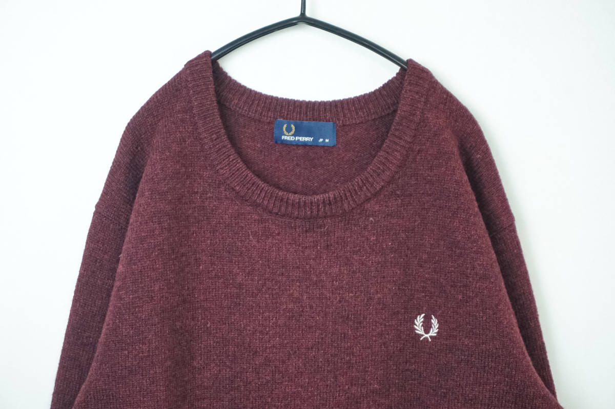 X685/Fred Perry/フレッドペリー/クルーネックウールニットセーター/ロゴ入り/バーガンディ系/メンズ/Mサイズ_画像3