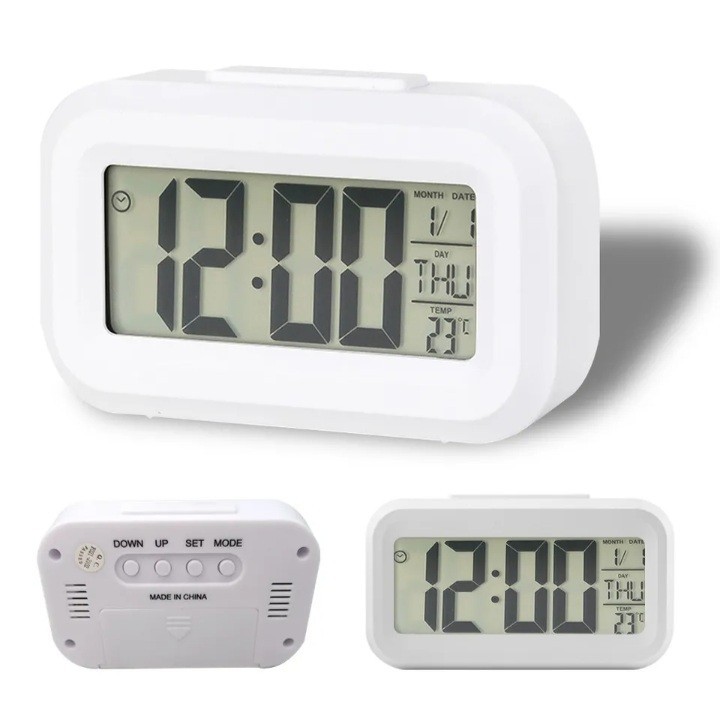 【NEW】LED デジタル アラーム目覚まし時計 温度計 カレンダー バックライト ホワイト 単４電池付き！_画像4