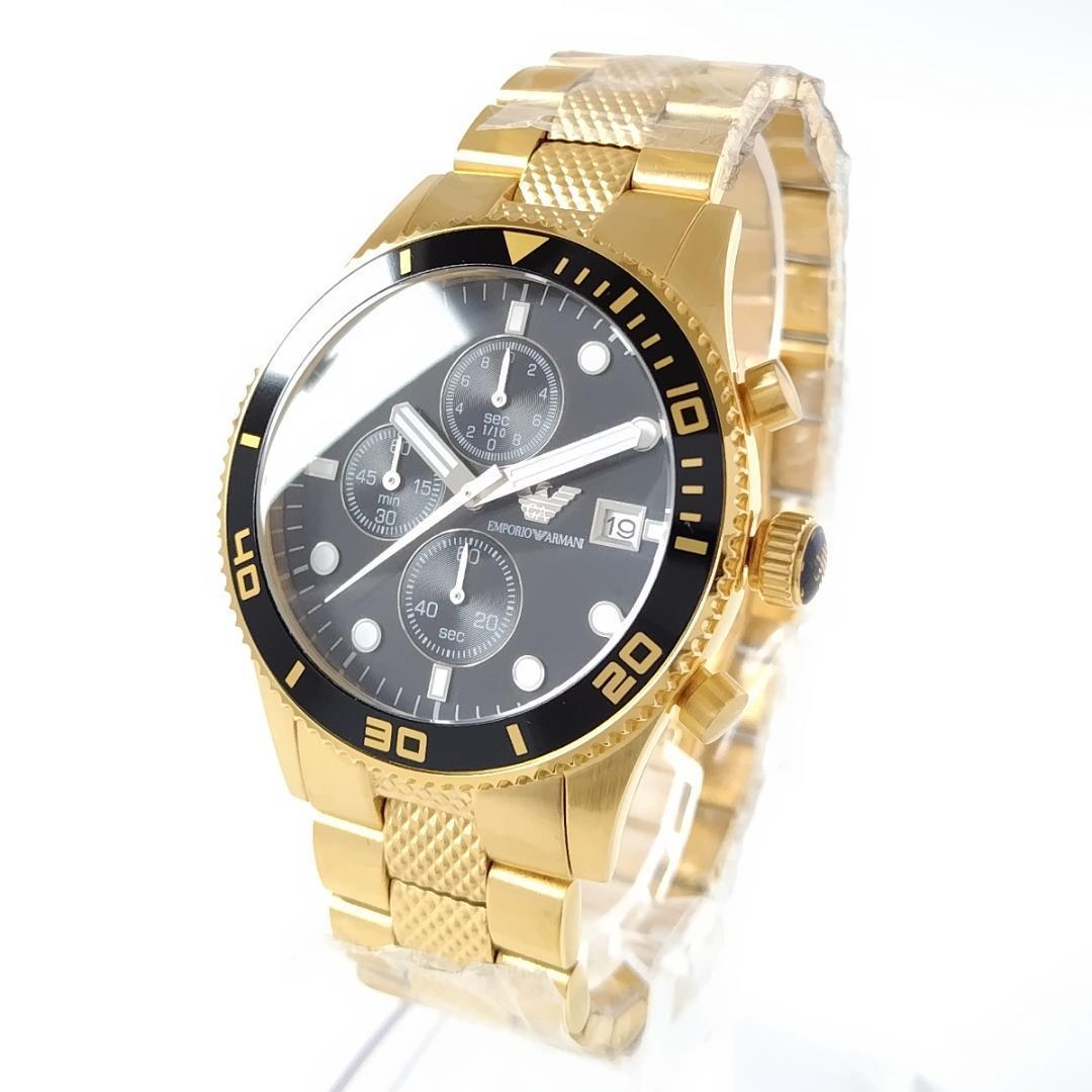 ゴールド/ブラック新品EMPORIO ARMANI腕時計メンズ43㎜ゴージャス輝く金色かっこいいエンポリオ・アルマーニ黒クロノグラフ日付カレンダー_画像2