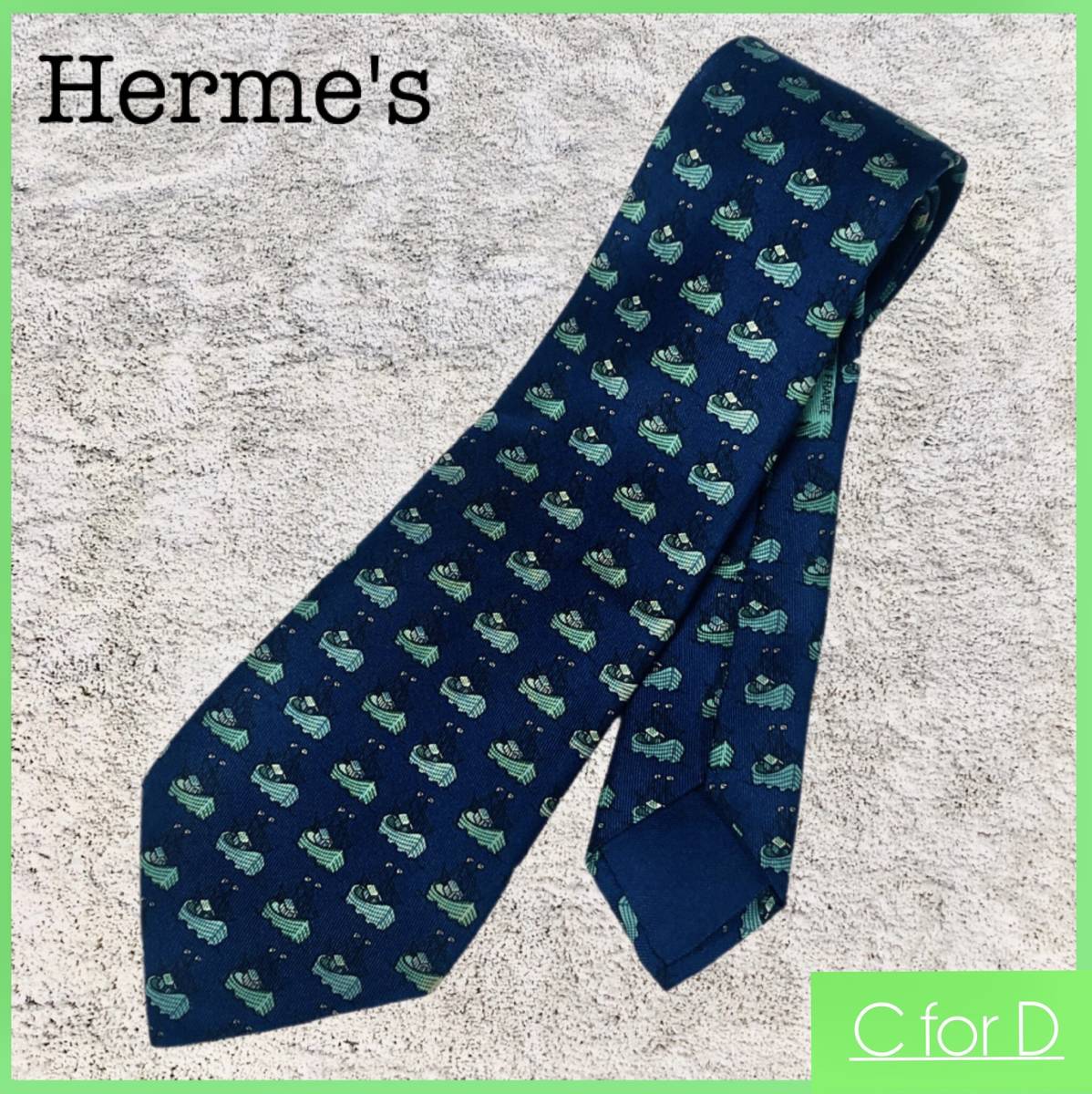 美品★HERMES★ ネクタイ メンズ 紺色 ネイビー 7335EA シルク100% 絹 船 ヨット 総柄 フランス製 A022_画像1