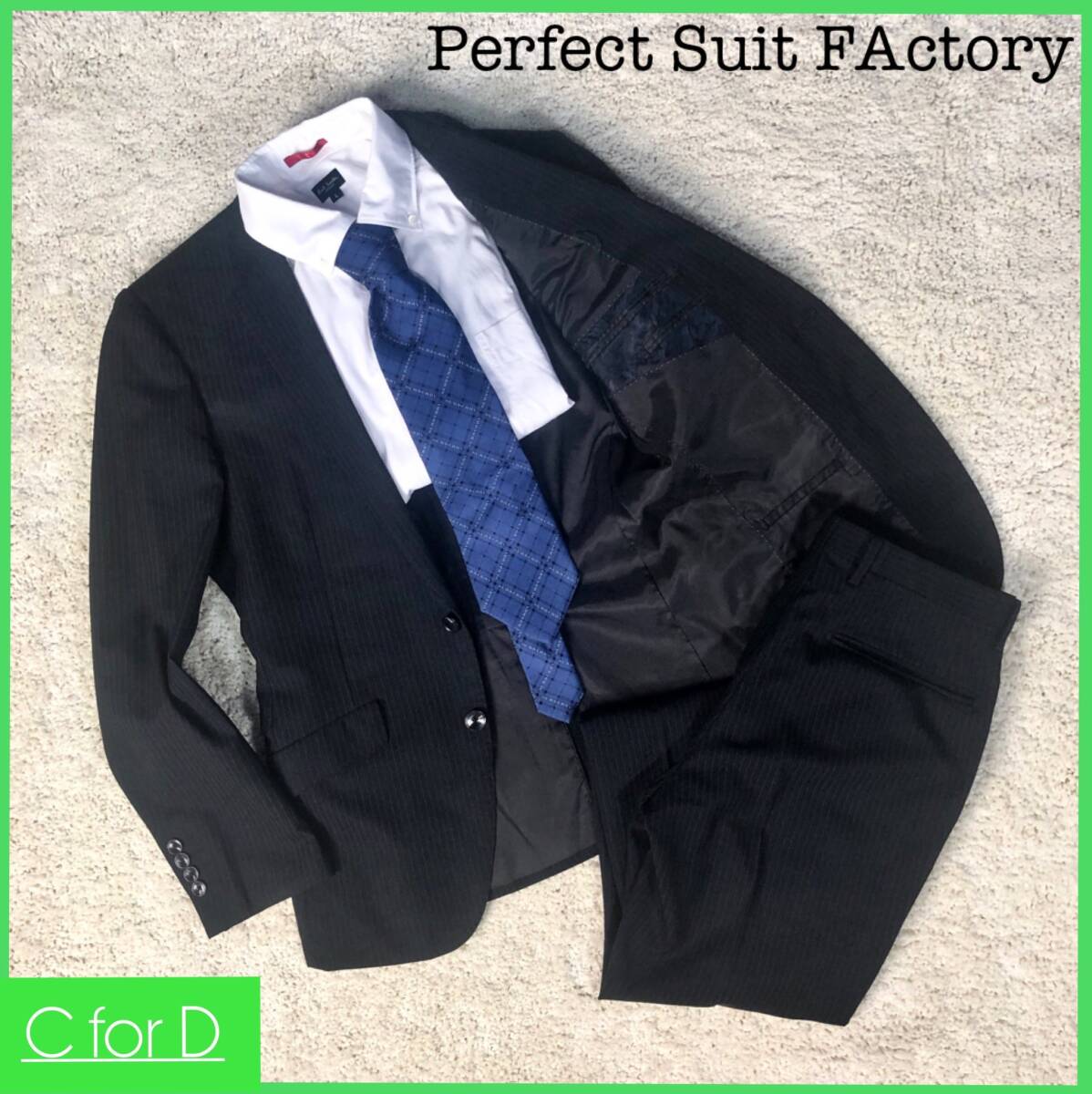 ★Perfect Suit FActory★Y5(Mサイズ相当) パーフェクトスーツファクトリー メンズ 濃紺 ネイビー セットアップスーツ  ストライプ 総裏J123