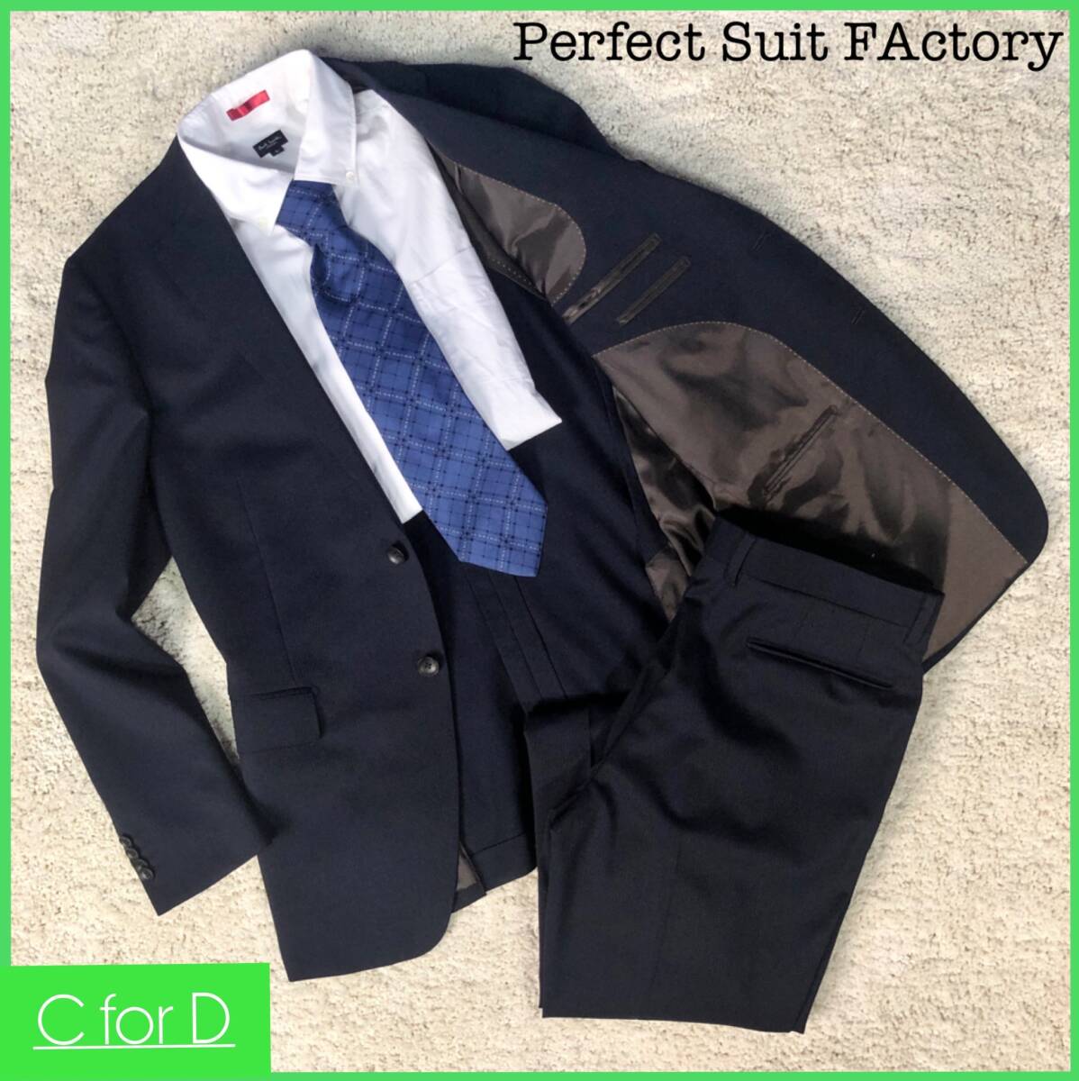 美品★Perfect Suit FActory★A7(XLサイズ相当) パーフェクトスーツファクトリー メンズ 紺色 セットアップスーツ ストライプ 背抜き J127