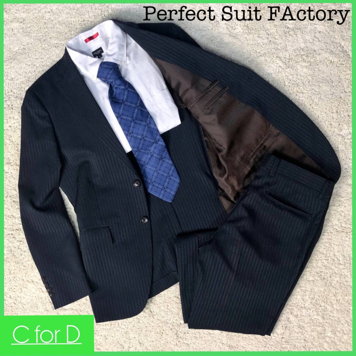 美品★Perfect Suit FActory★Y5 (Mサイズ相当) パーフェクトスーツファクトリー メンズ 紺色 セットアップスーツ ストライプ  背抜き J135