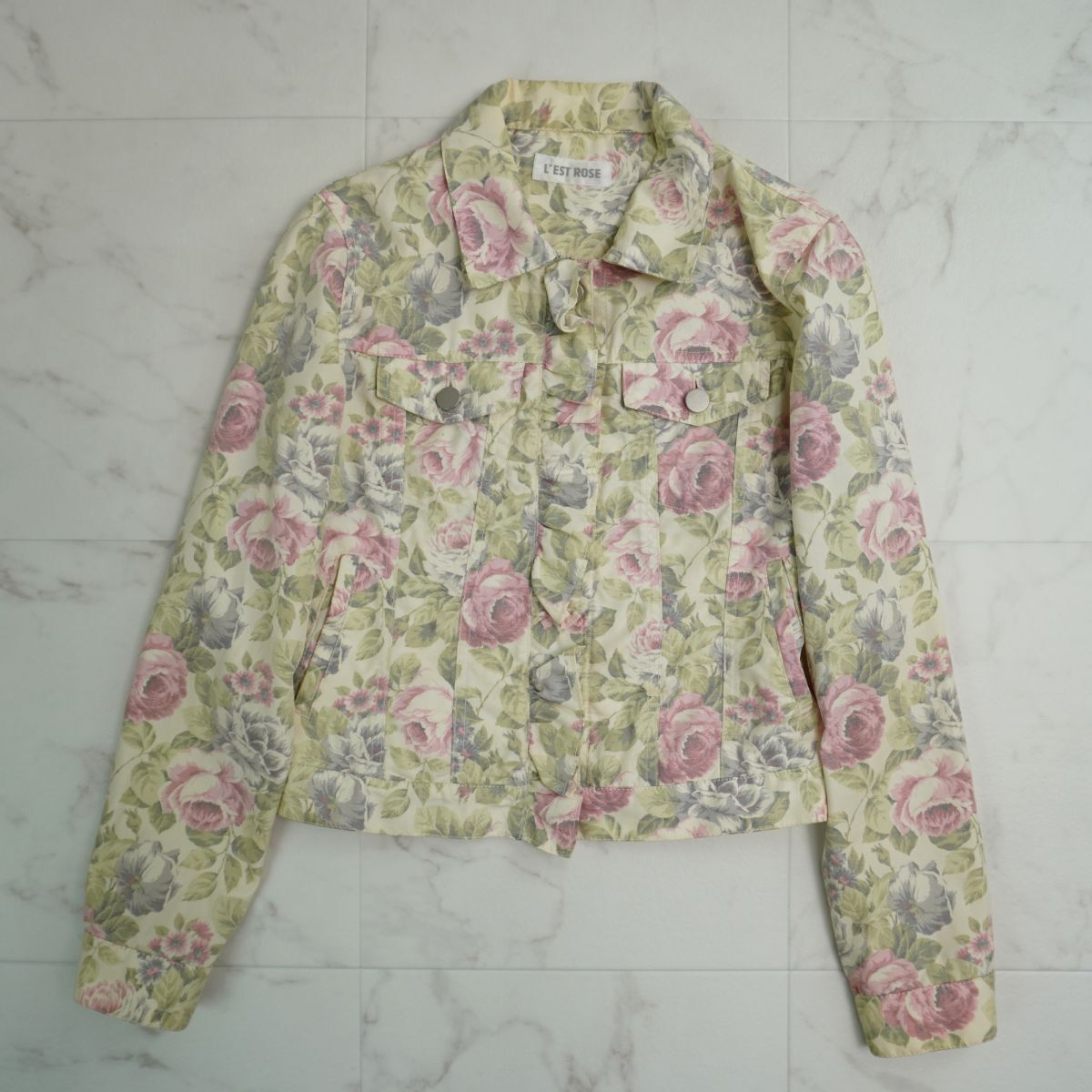 L'EST ROSE レストローズ 花柄ショートジャケット フレアスカート セットアップ レディース 白 ピンク 緑 サイズM*MC873_画像5