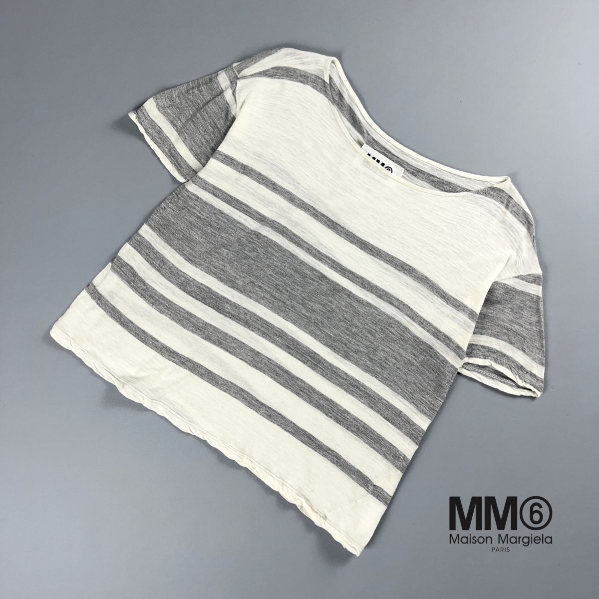 美品 MM6 Maison Margiela エムエム6 メゾン マルジェラ マルチボーダー 半袖Tシャツ トップス レディース 白グレー サイズM*MC463